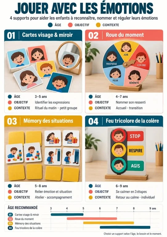 Jeu sur les émotions : infographie des supports adaptés à l’âge et aux objectifs