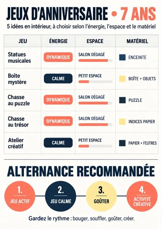 Infographie de jeux d’anniversaire à 7 ans en intérieur classés par énergie et espace