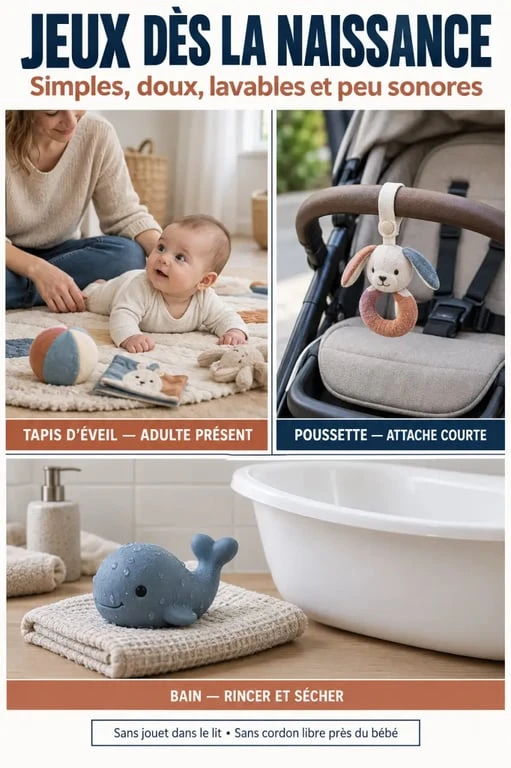 Jeux bébé naissance utilisés au sol, en promenade et dans le bain en toute sécurité