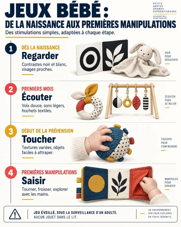 Infographie des jeux bébé naissance adaptés selon les étapes d’éveil et de préhension