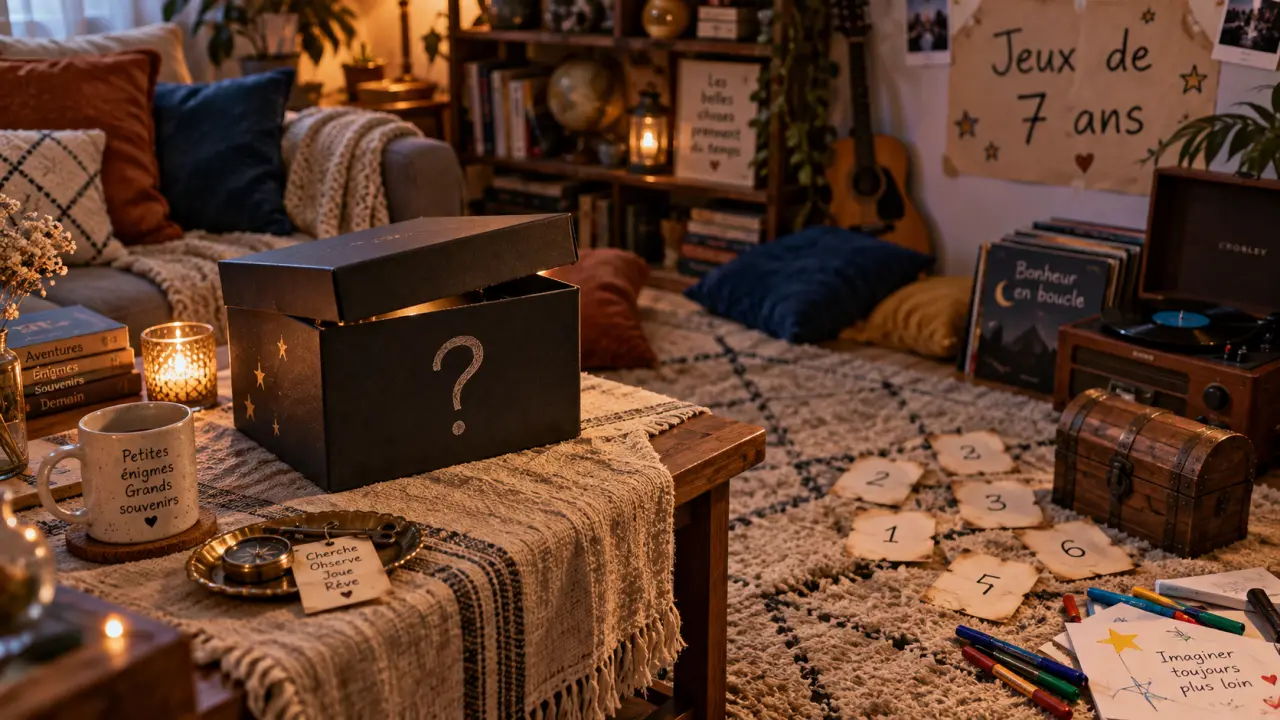 Jeux anniversaire 7 ans intérieur : boîte mystère et coffre à trésor en salon