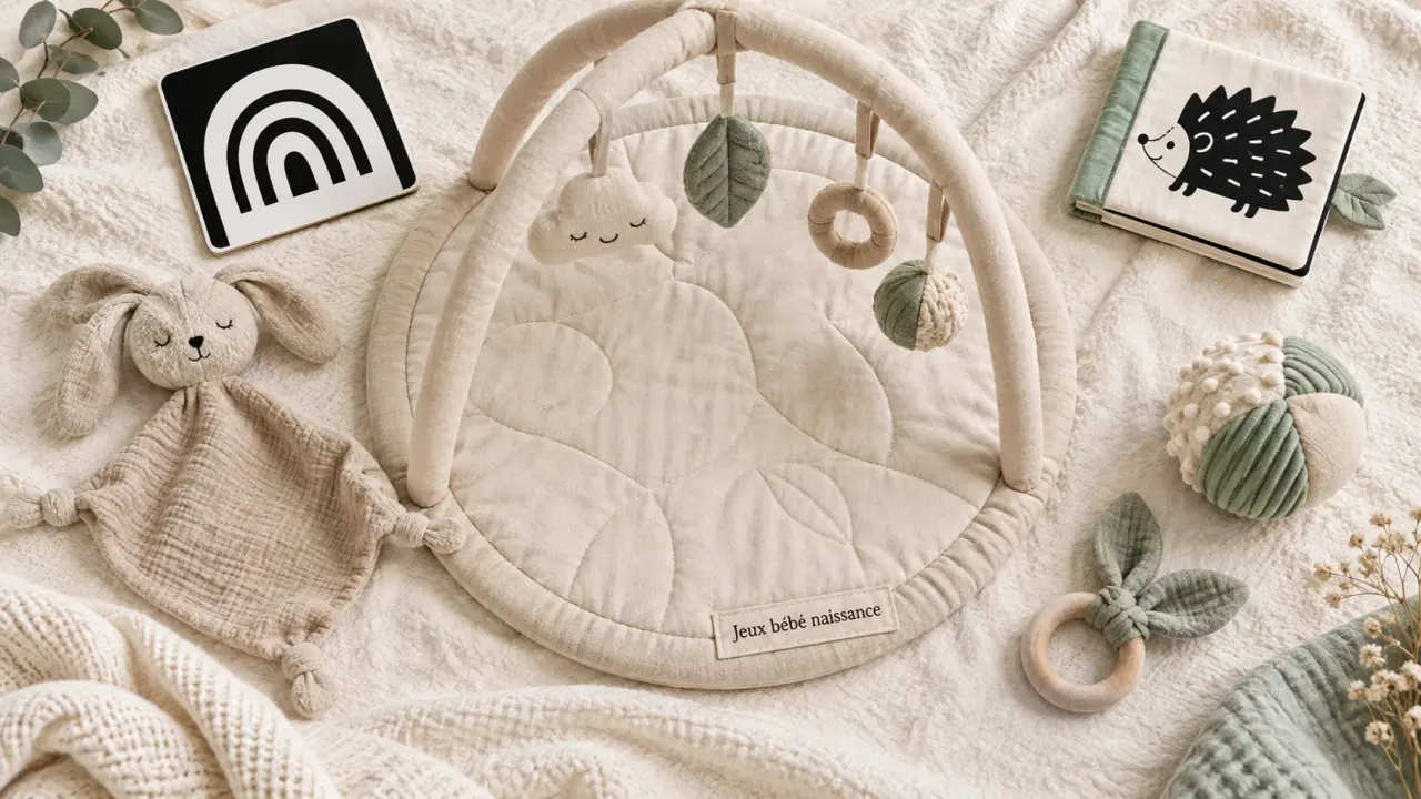 Jeux bébé naissance : tapis d’éveil et jouets sensoriels doux