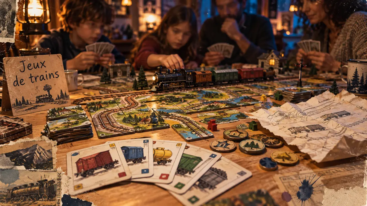 Jeux de société train : plateau ferroviaire, cartes wagons et ambiance de jeu