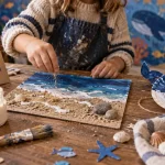 Activité thème mer et océan : enfant crée des fonds marins avec sable et galets