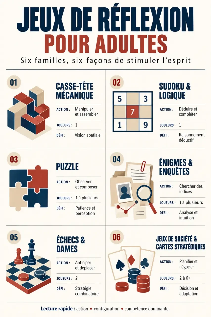 Infographie des principales catégories de jeux de reflexions pour adultes selon le nombre de joueurs et le type de défi