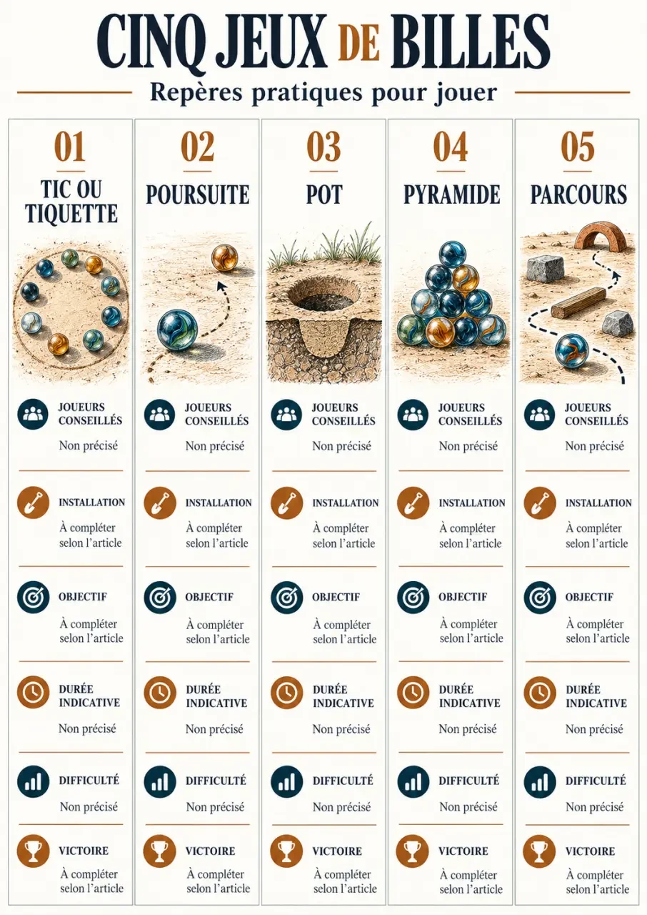 Jeux de billes règles : comparaison des variantes tic, poursuite, pot, pyramide et parcours