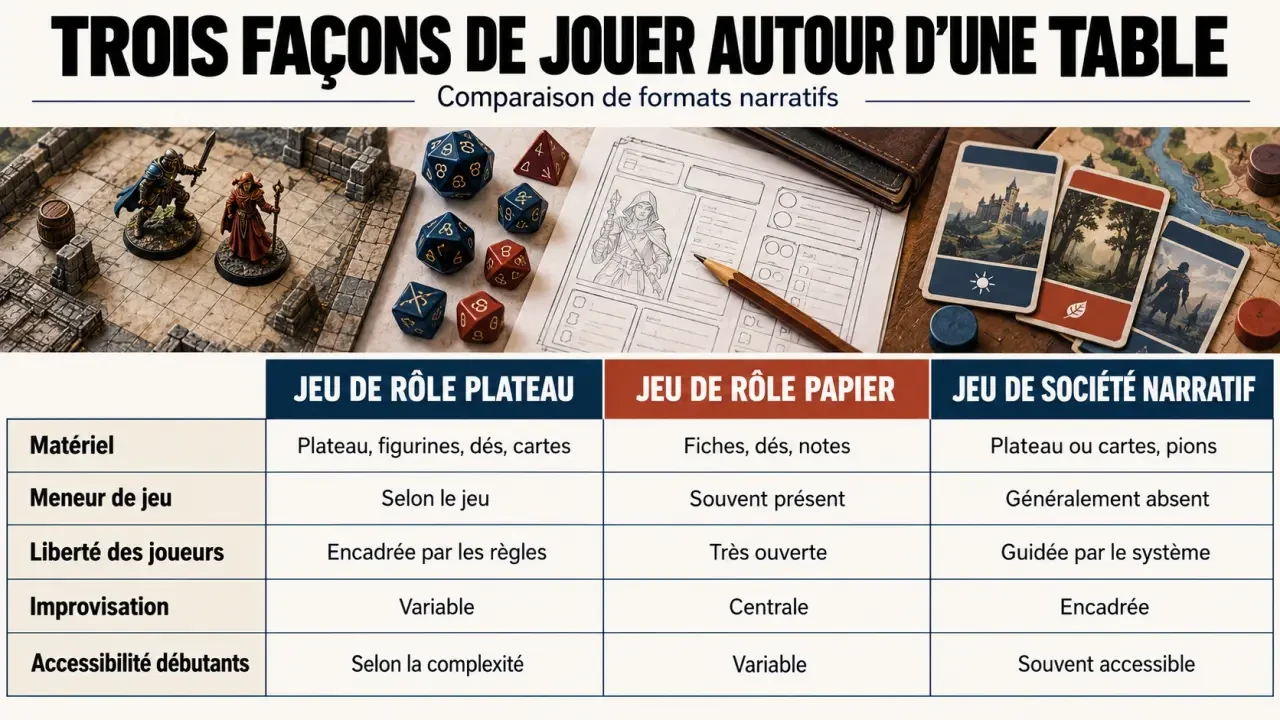 Infographie comparative sur le jeu de role plateau, le jeu de rôle papier et le jeu narratif