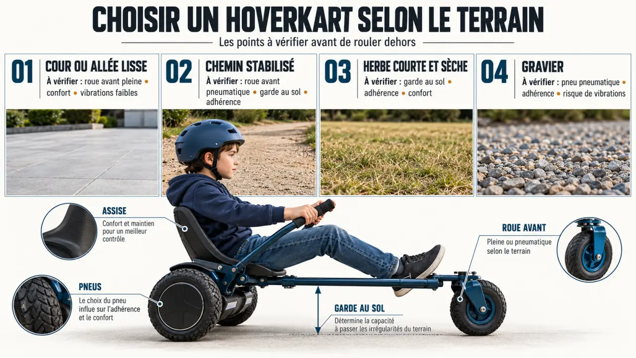Infographie pour choisir un hoverkart pour enfants adapté aux jeux d’extérieur selon le terrain
