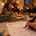 Jeux anniversaire adulte bingo des rencontres sur table, ardoises et tasses