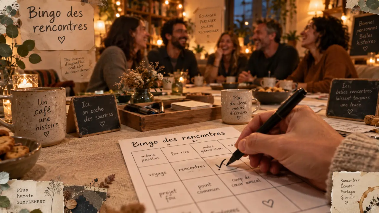 Jeux anniversaire adulte bingo des rencontres sur table, ardoises et tasses