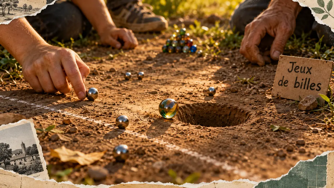 Jeux de billes règles : billes sur terrain de terre battue, objectif 110 points