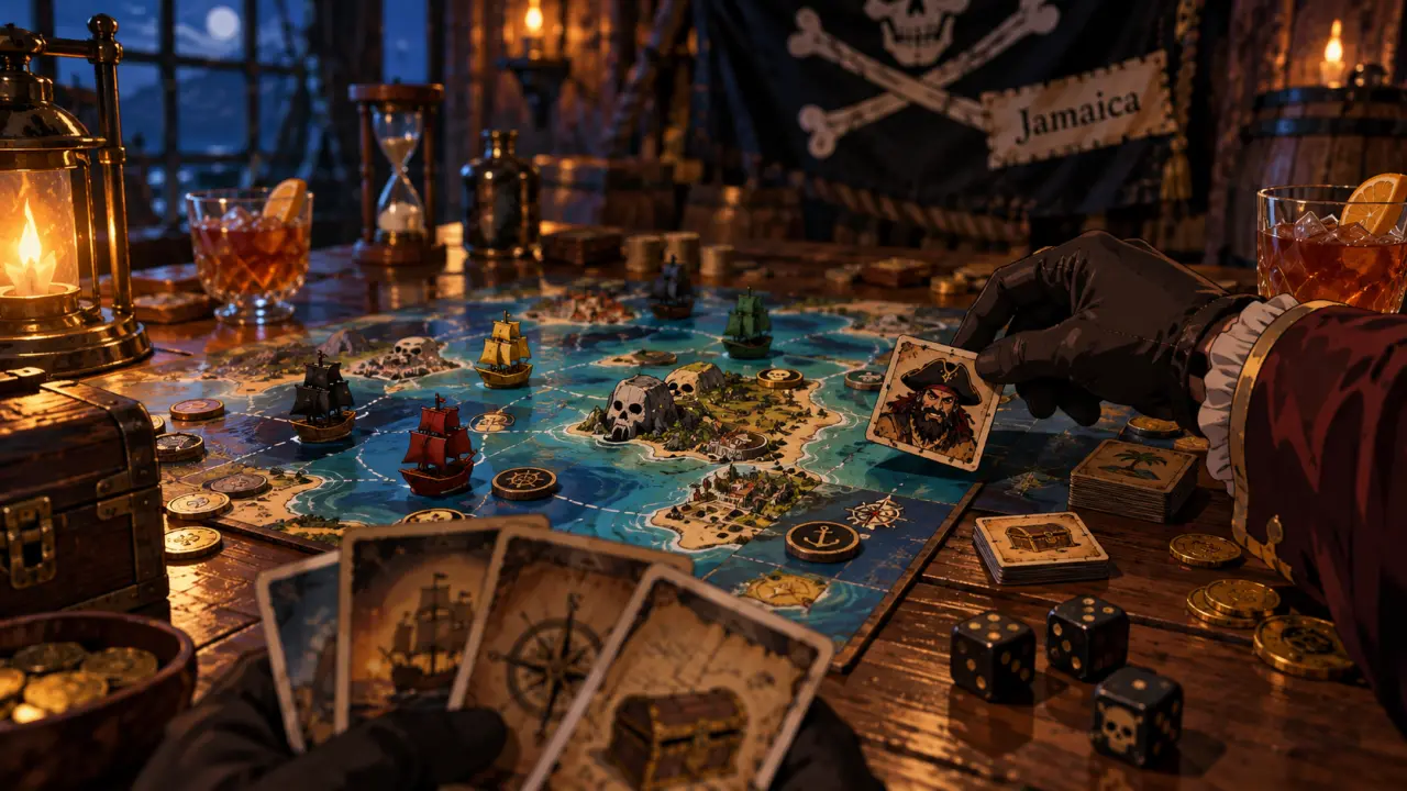 Jeux de société pirate : table avec cartes et jetons d’équipage