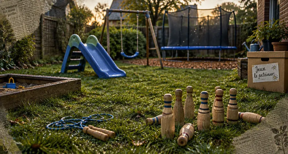 Jeux pour extérieur dans un jardin : balançoire, trampoline et toboggan